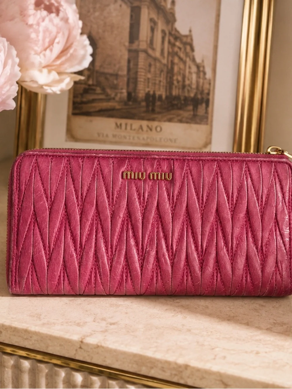 Miu Miu Matelassé Leather Zip Around Wallet – Berry Pink